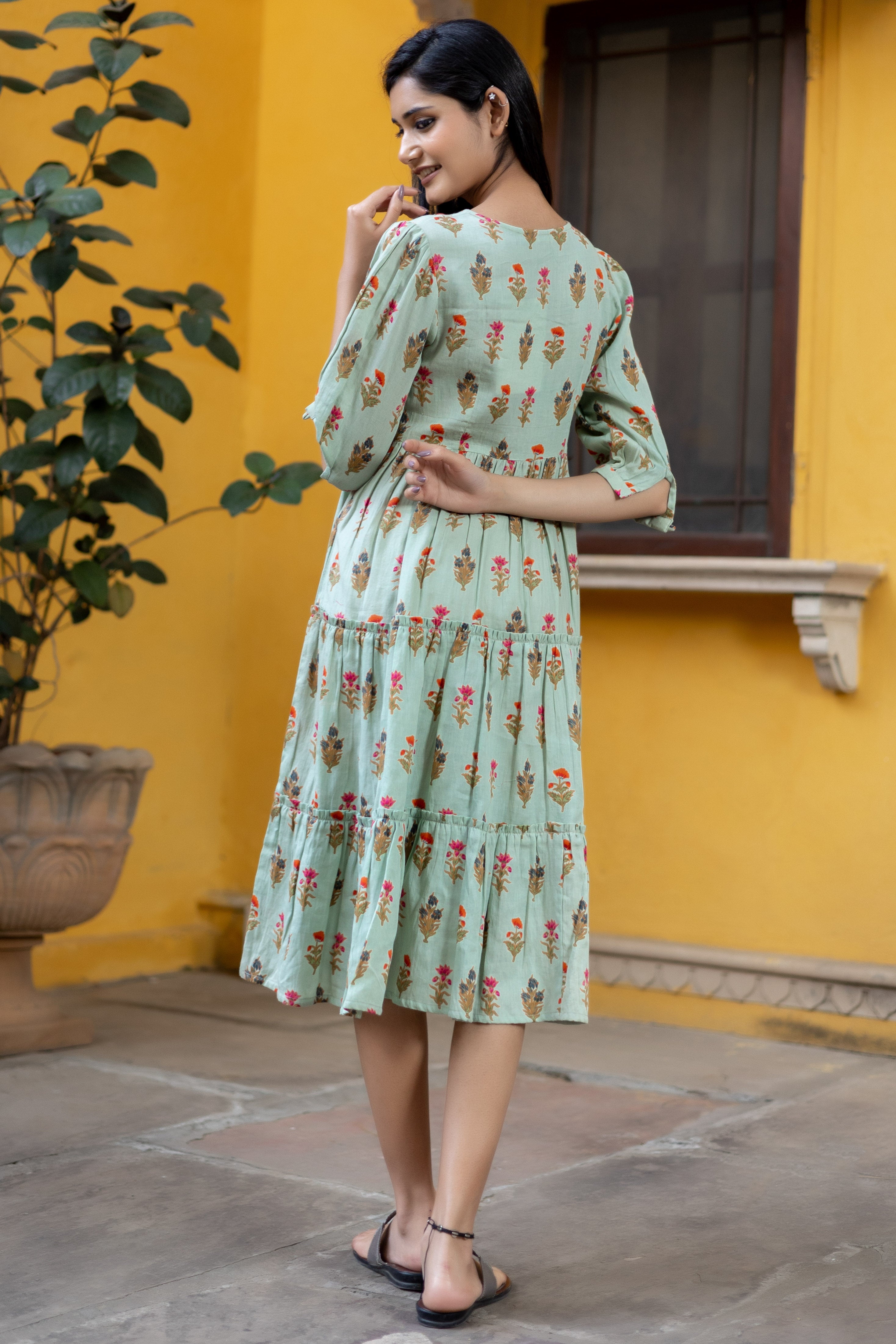 Green Viscose Floral Printed Tiered Dress