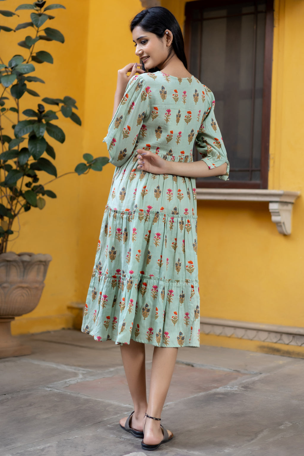 Green Viscose Floral Printed Tiered Dress