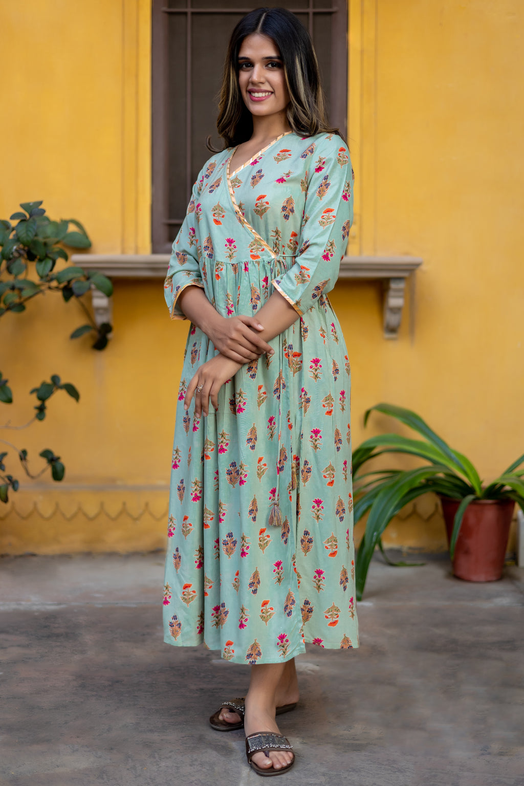 Green Viscose Floral Printed Angrakha Dress