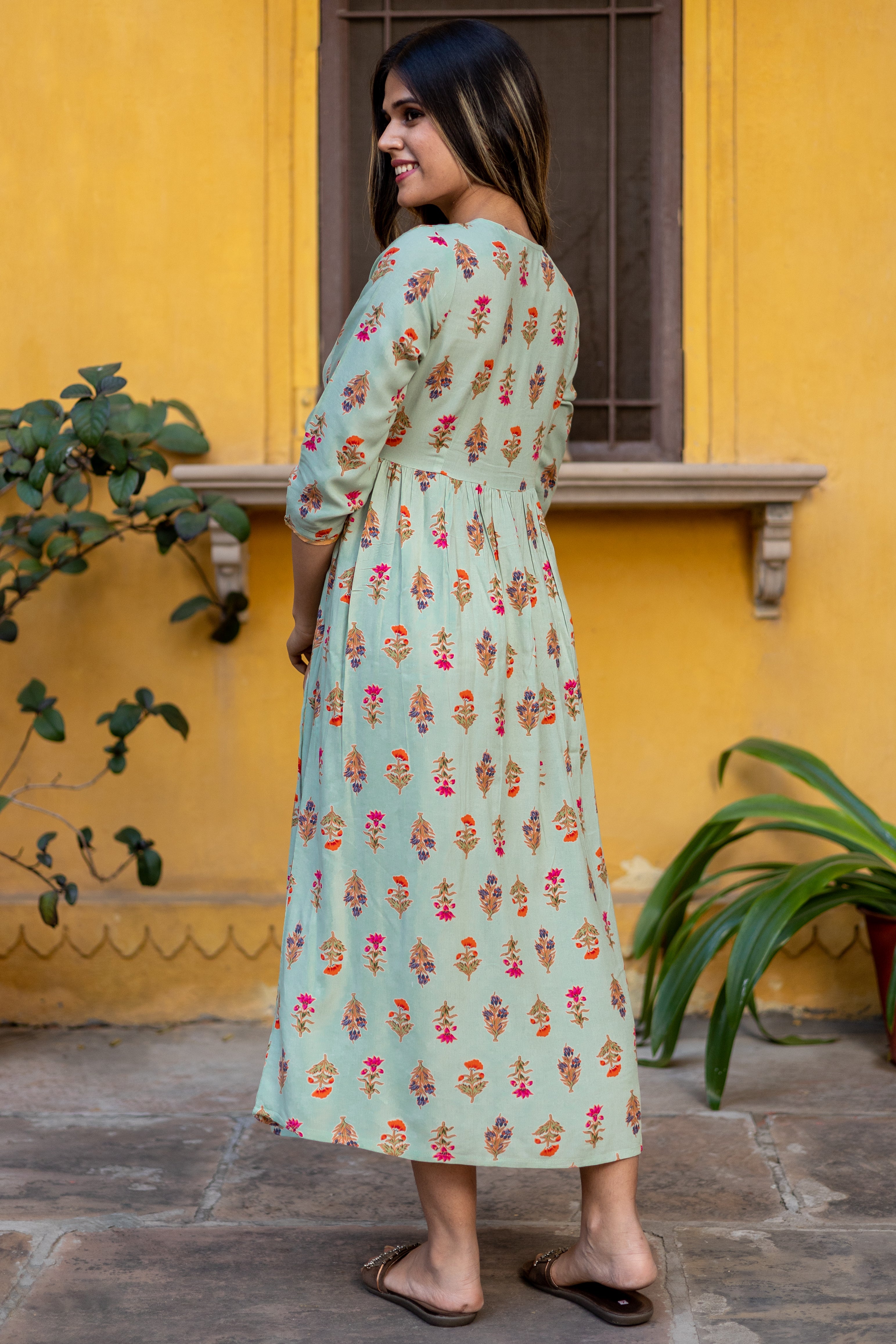 Green Viscose Floral Printed Angrakha Dress