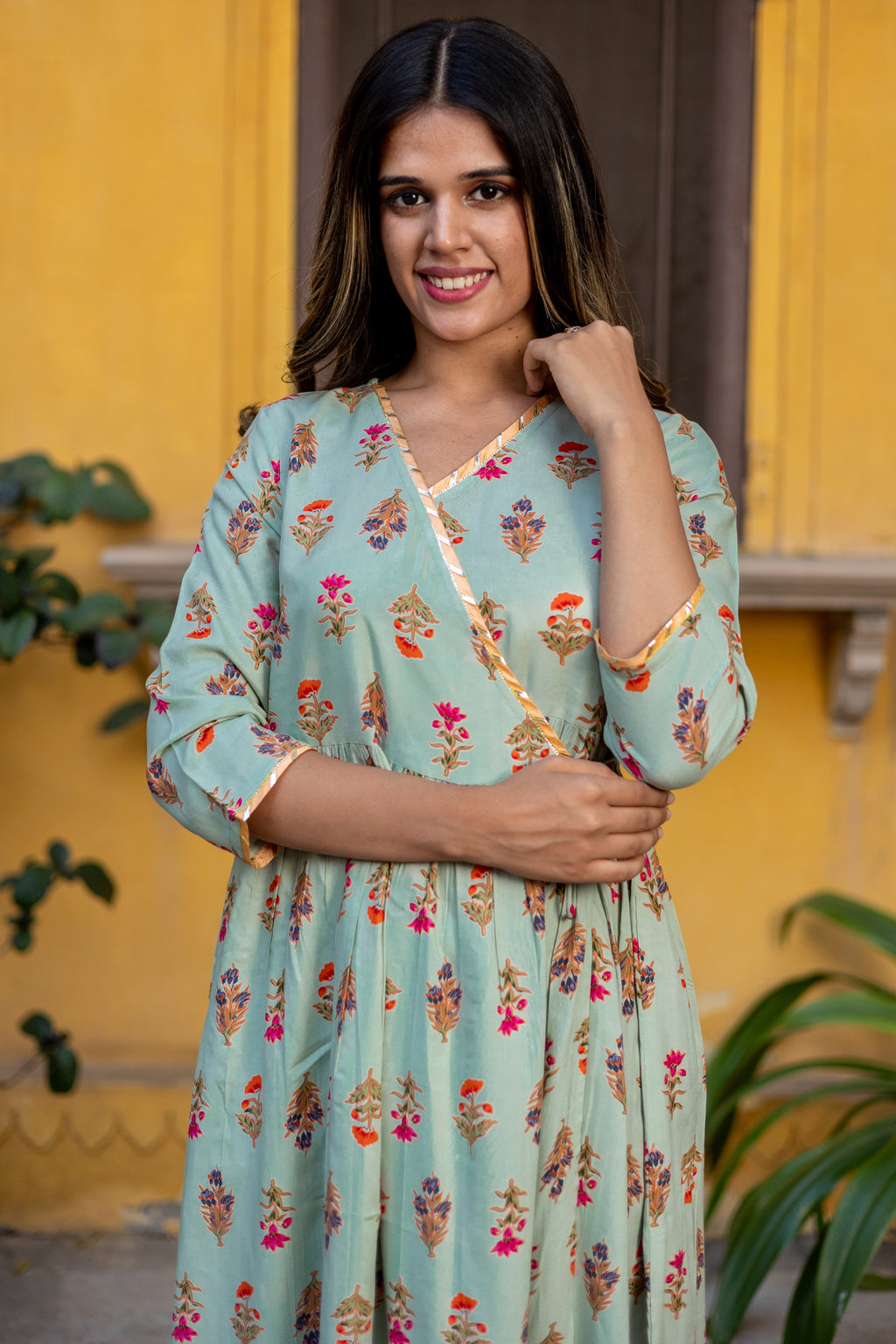 Green Viscose Floral Printed Angrakha Dress