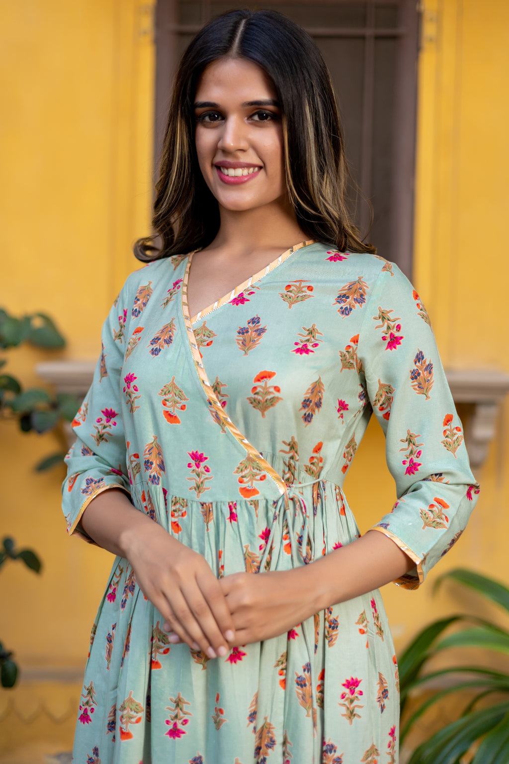 Green Viscose Floral Printed Angrakha Dress