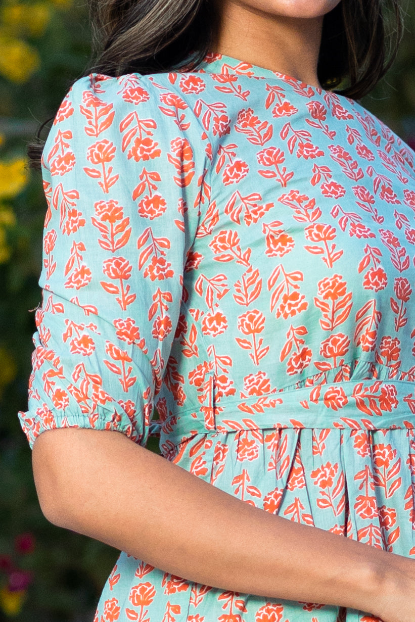 Green Cotton Floral Printed Flared Dress