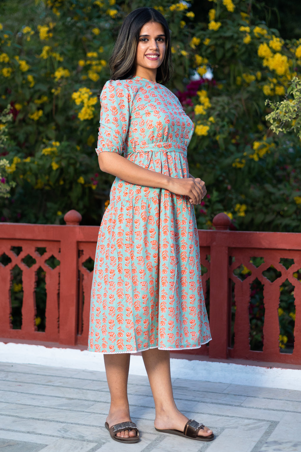 Green Cotton Floral Printed Flared Dress