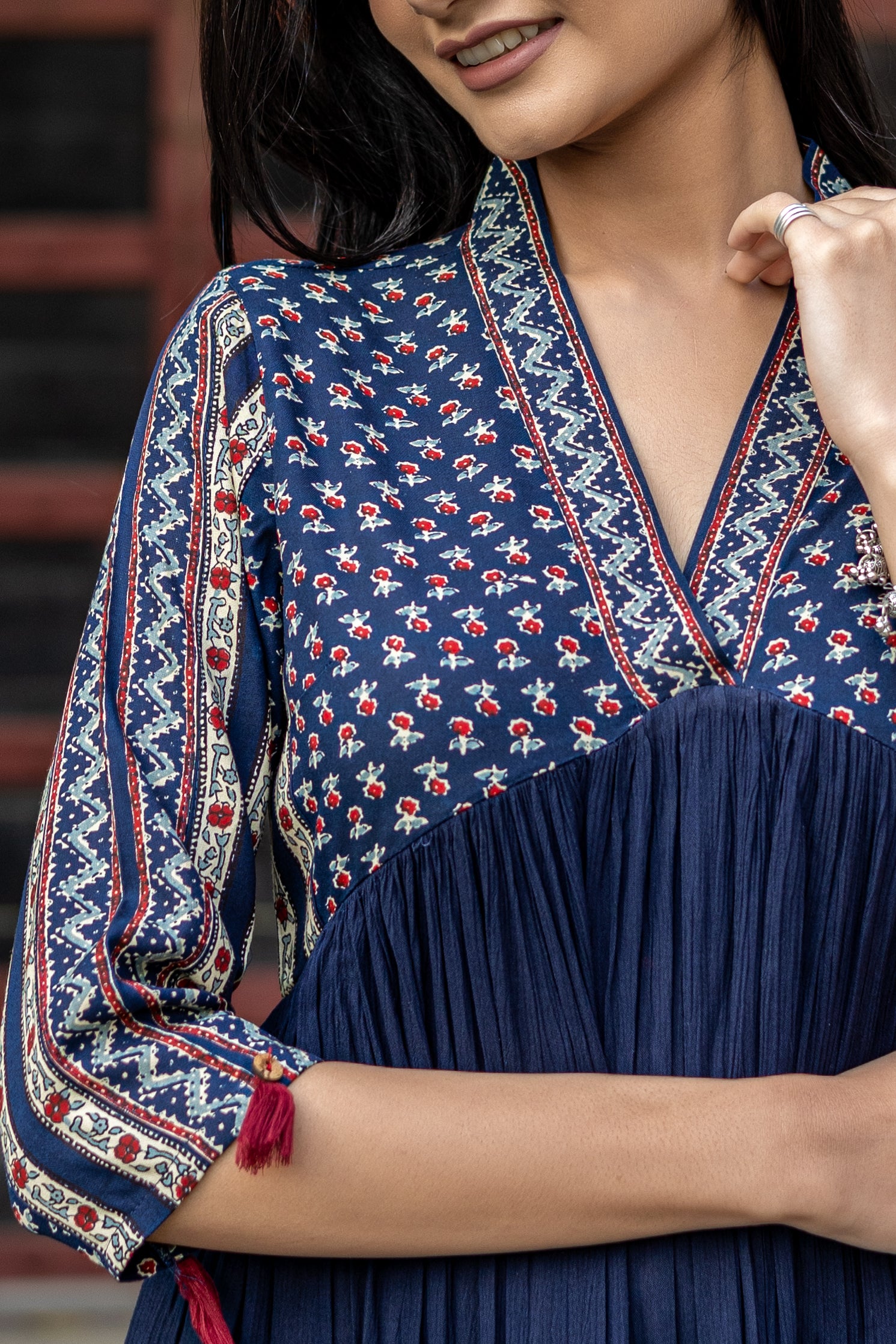 Blue Viscose Floral Printed Flared Dress