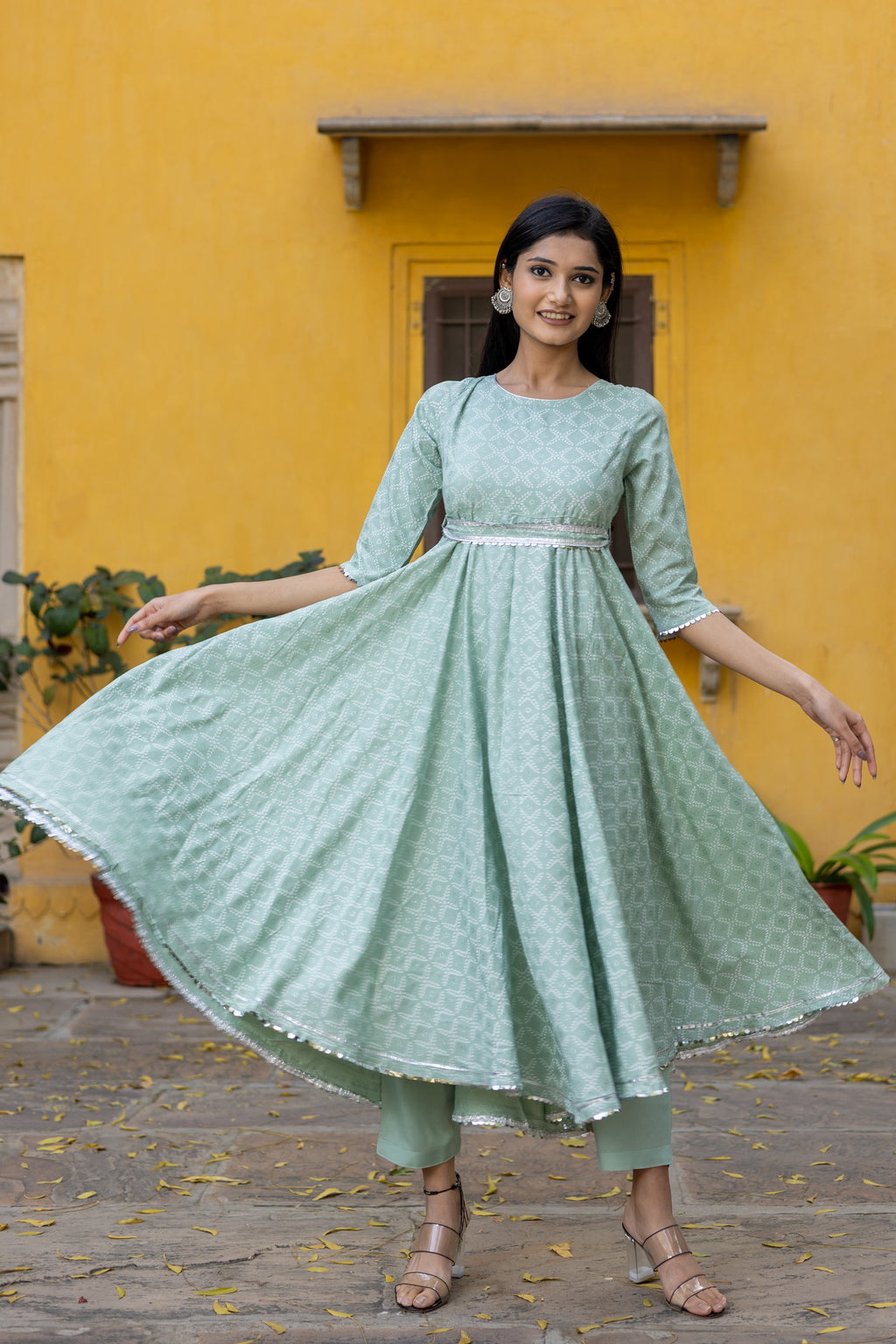 Green Silver Printed Anarkali with Belt and Narrow Pant