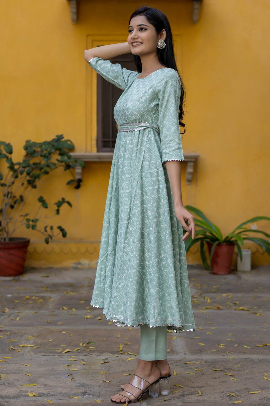 Green Silver Printed Anarkali with Belt and Narrow Pant