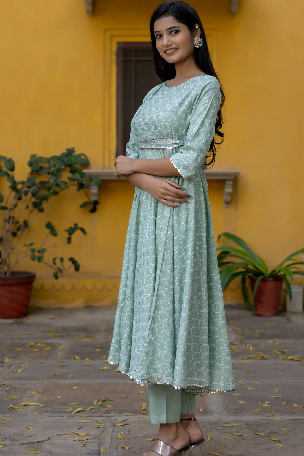 Green Silver Printed Anarkali with Belt and Narrow Pant