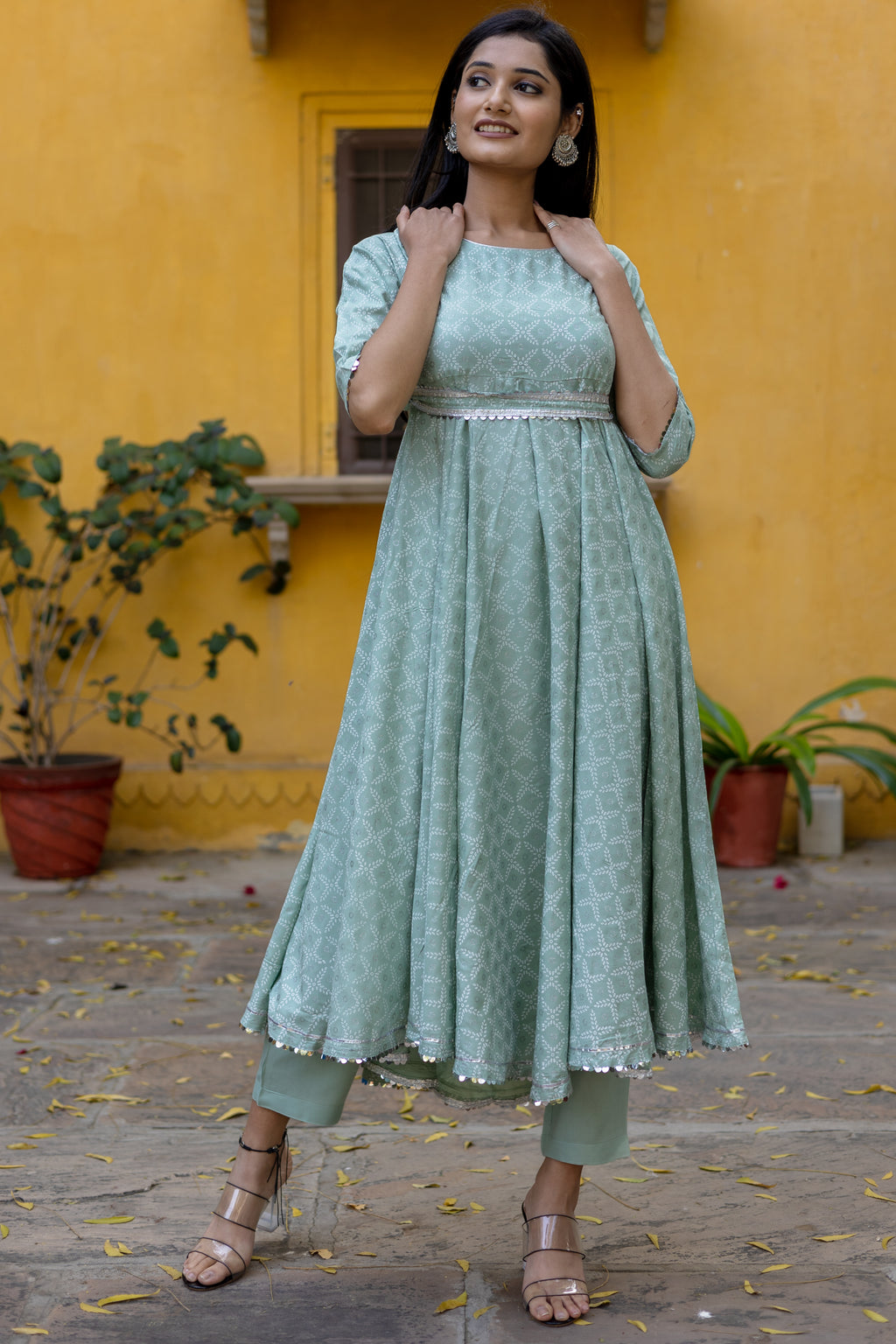 Green Silver Printed Anarkali with Belt and Narrow Pant