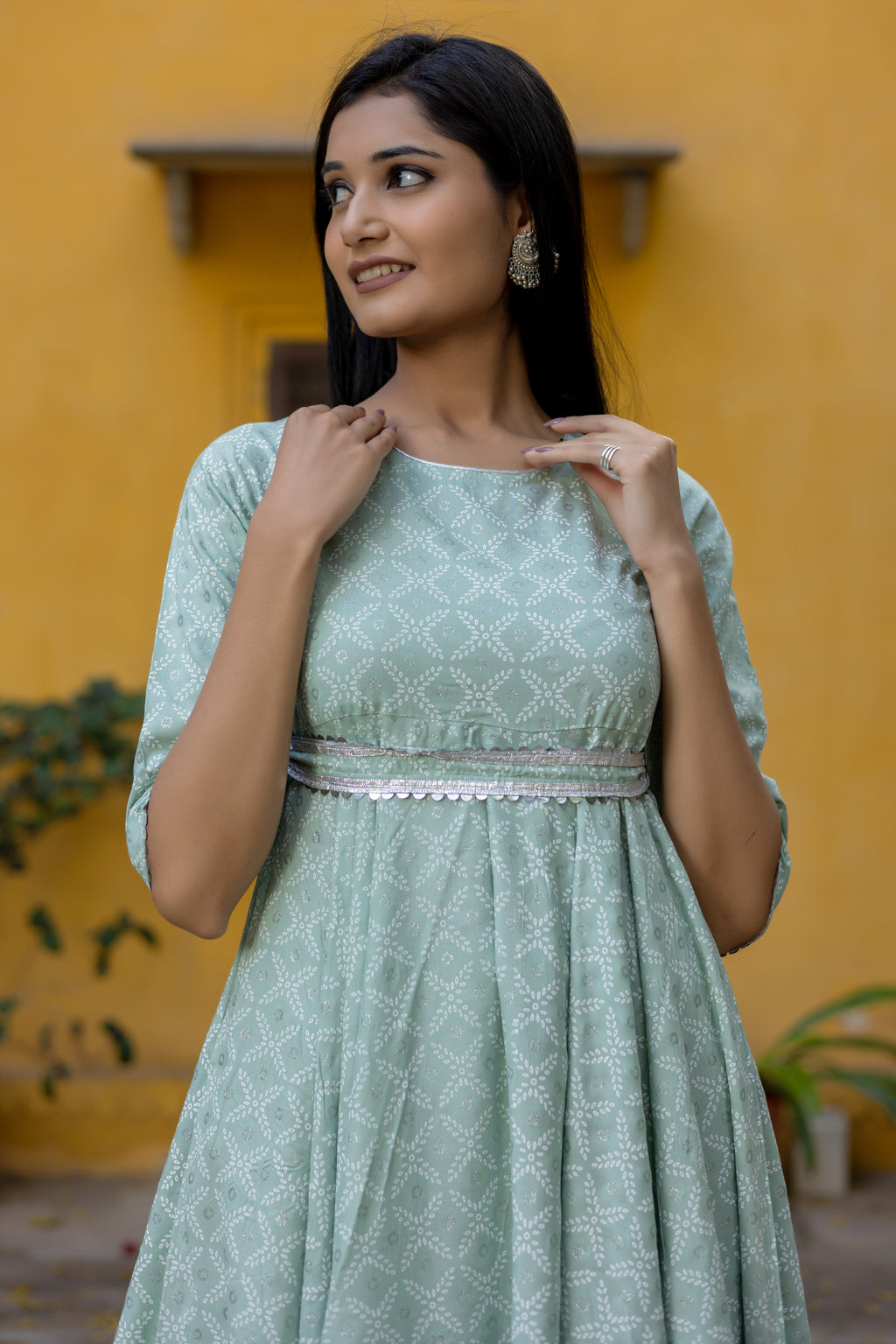 Green Silver Printed Anarkali with Belt and Narrow Pant