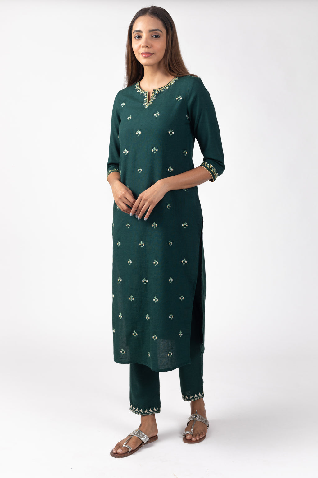 Green Rayon Flex  All over Embroidered Kurta Set with Pallazo