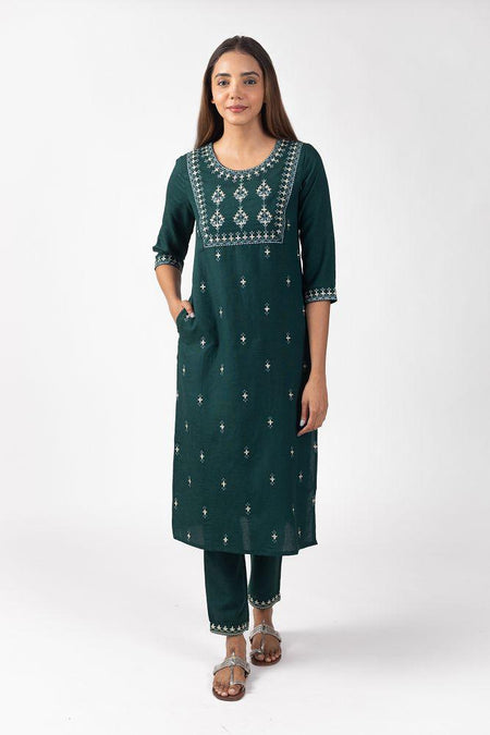 Green Rayon Flex  Yoke Embroidered Kurta Set with Pallazo