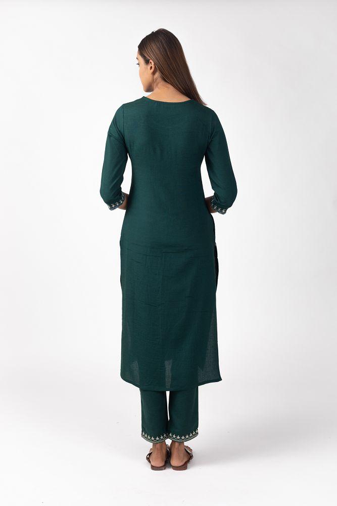 Green Rayon Flex  Yoke Embroidered Kurta Set with Pallazo