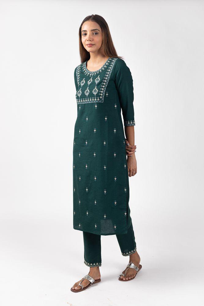 Green Rayon Flex  Yoke Embroidered Kurta Set with Pallazo