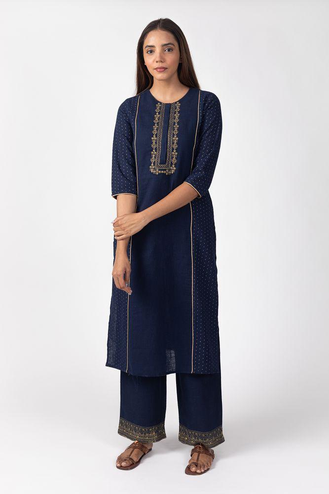Navy Cotton Slub  Yoke Embroidered Kurta Set with Pallazo