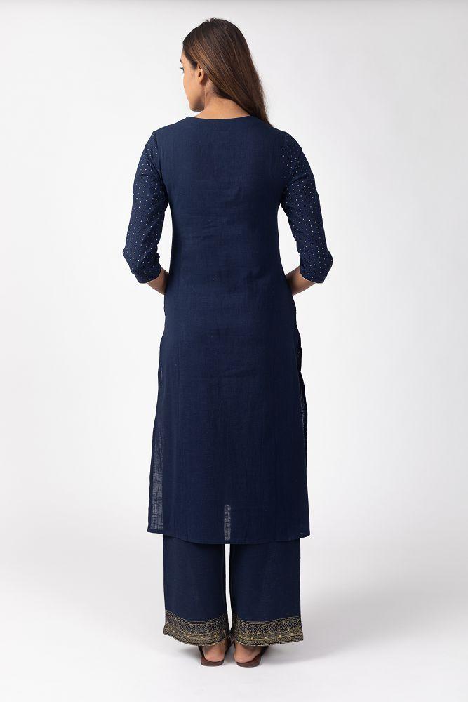 Navy Cotton Slub  Yoke Embroidered Kurta Set with Pallazo