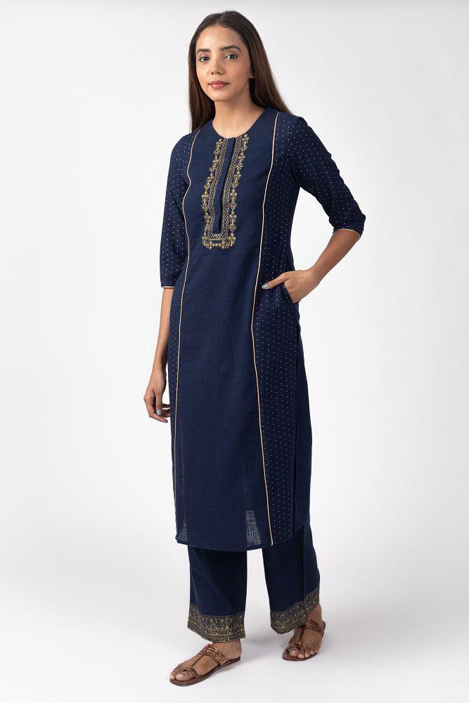 Navy Cotton Slub  Yoke Embroidered Kurta Set with Pallazo