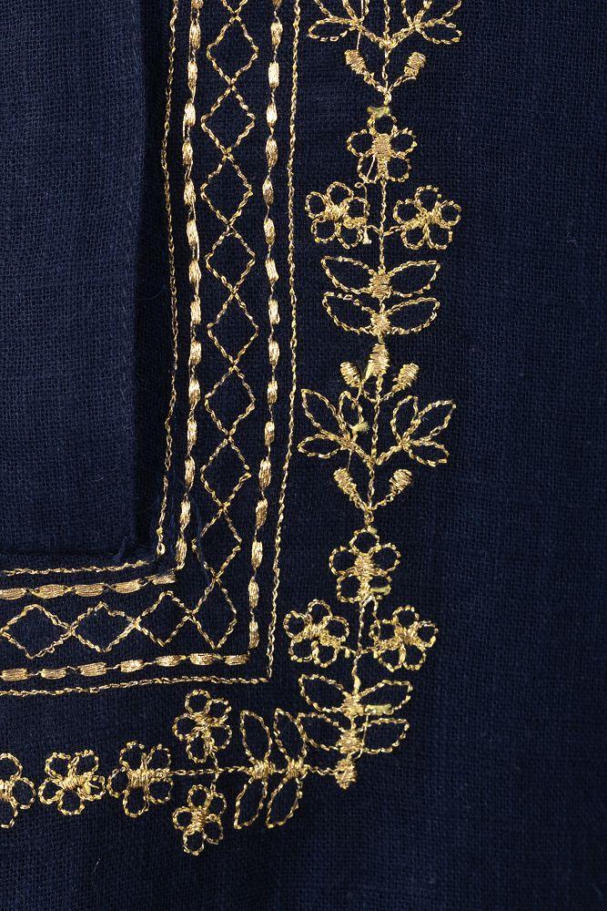 Navy Cotton Slub  Yoke Embroidered Kurta Set with Pallazo