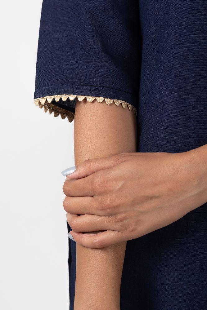 Navy Cotton Slub  Yoke Embroidered Kurta Set with Pallazo