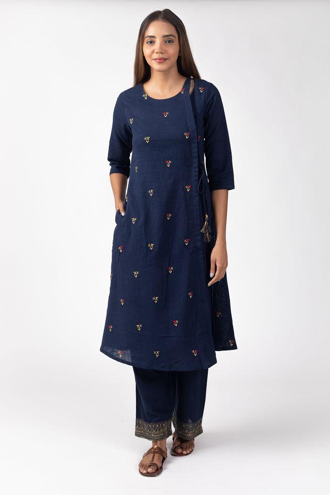 Navy Cotton Slub  All over Embroidered Kurta Set with Pallazo