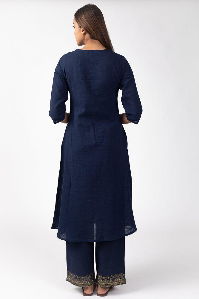Navy Cotton Slub  All over Embroidered Kurta Set with Pallazo