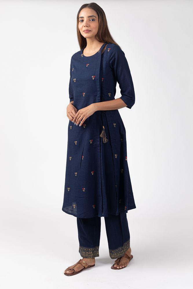 Navy Cotton Slub  All over Embroidered Kurta Set with Pallazo