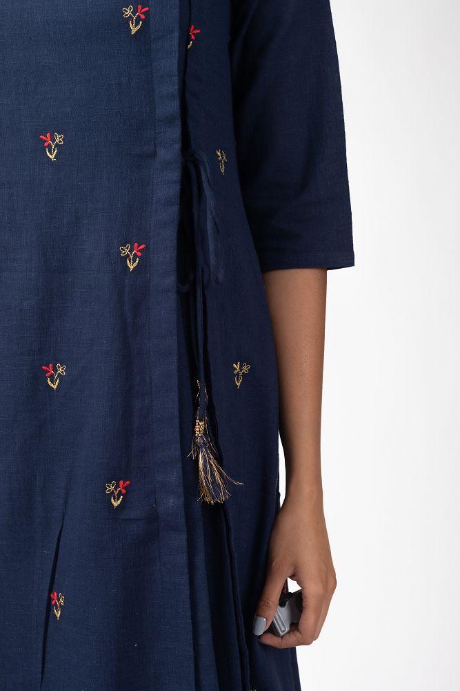 Navy Cotton Slub  All over Embroidered Kurta Set with Pallazo