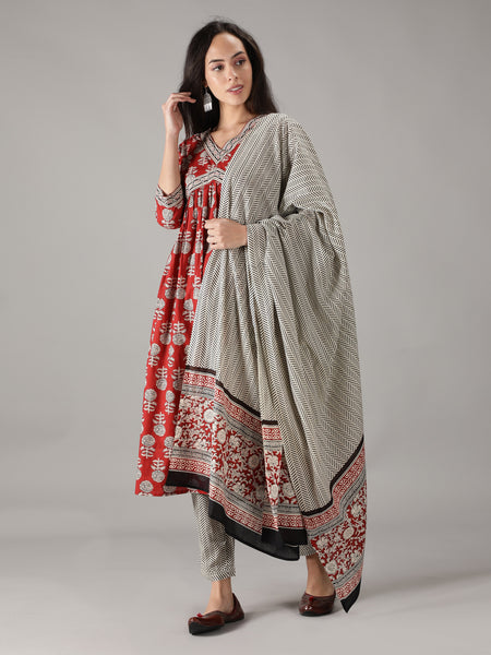 Maroon Cotton Printed A-line Kurta With Pant & Dupatta