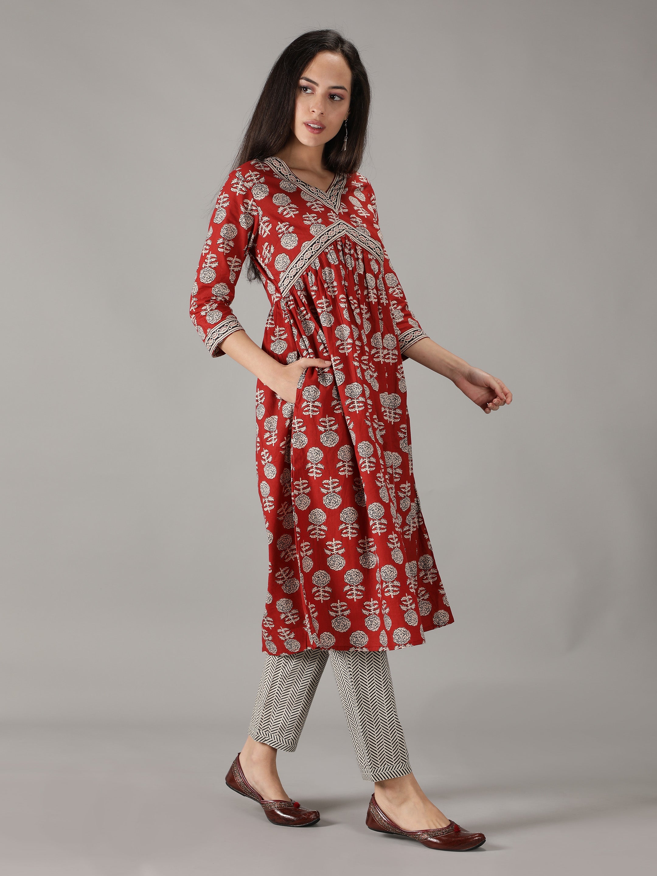 Maroon Cotton Printed A-line Kurta With Pant & Dupatta