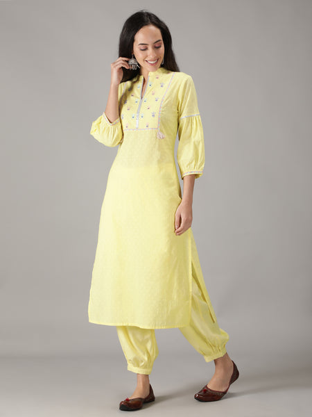 Yellow Cotton Embroidered Straight Kurta With Pant