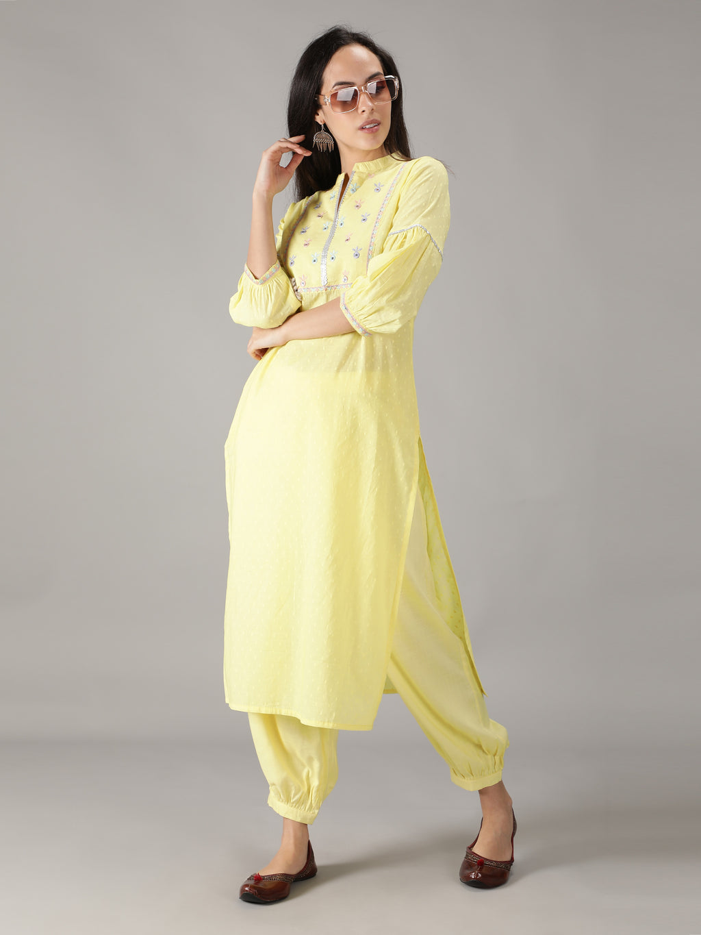 Yellow Cotton Embroidered Straight Kurta With Pant