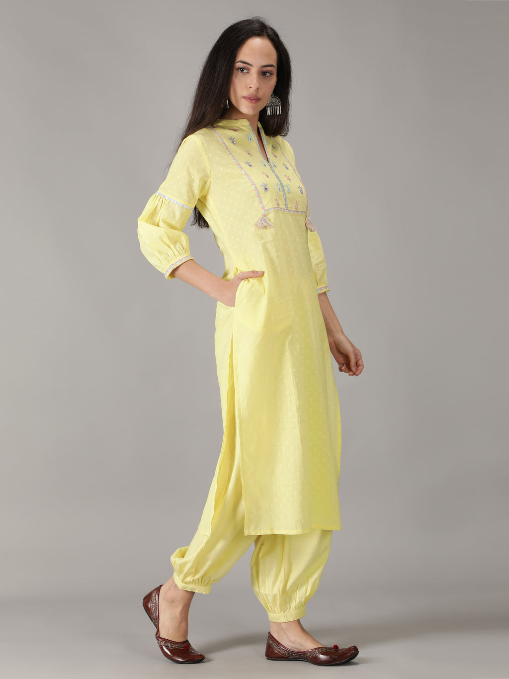 Yellow Cotton Embroidered Straight Kurta With Pant