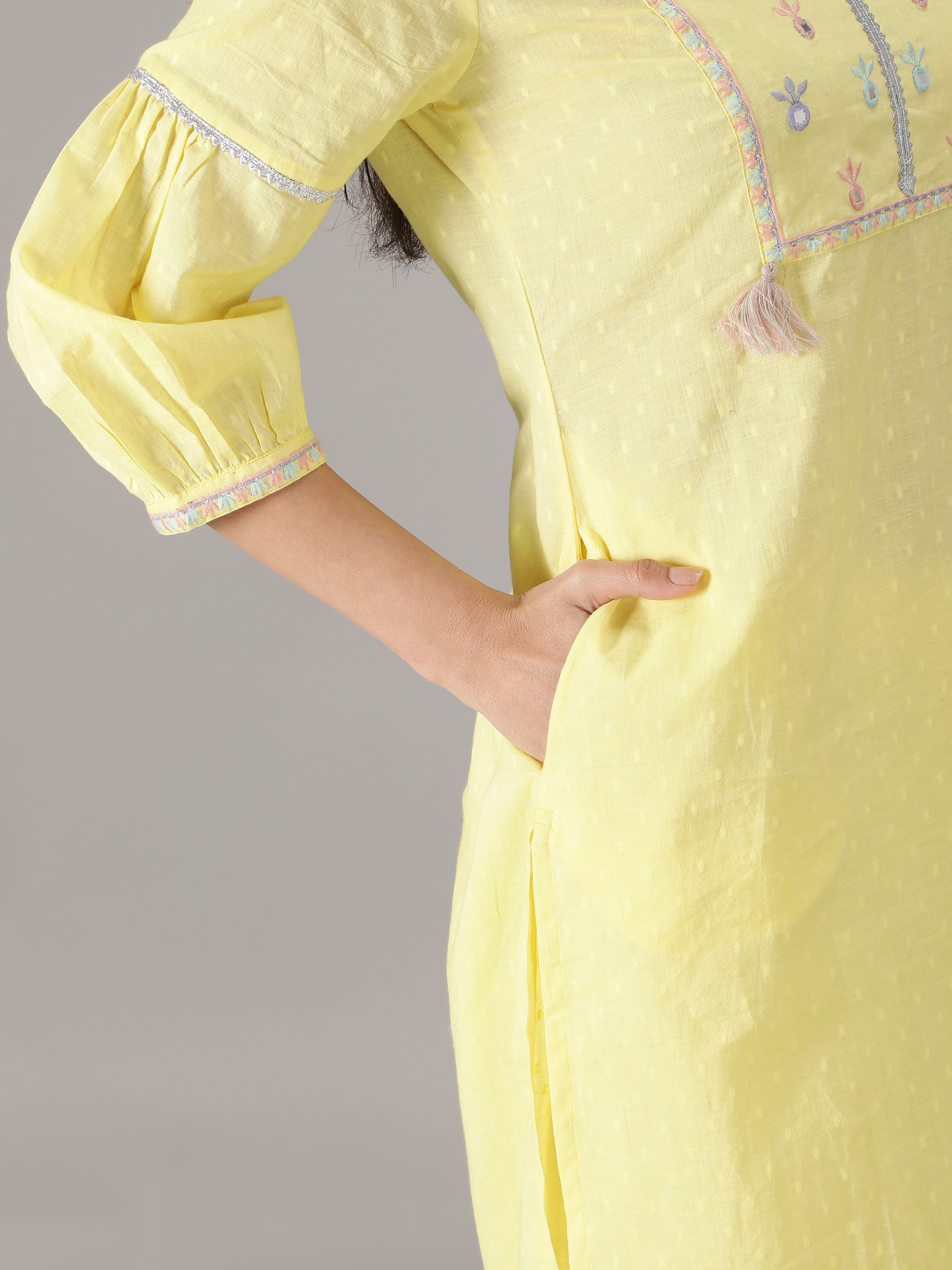 Yellow Cotton Embroidered Straight Kurta With Pant