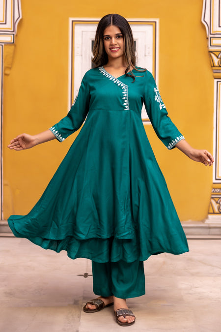 Rayon flared Teal Green Kurta Set