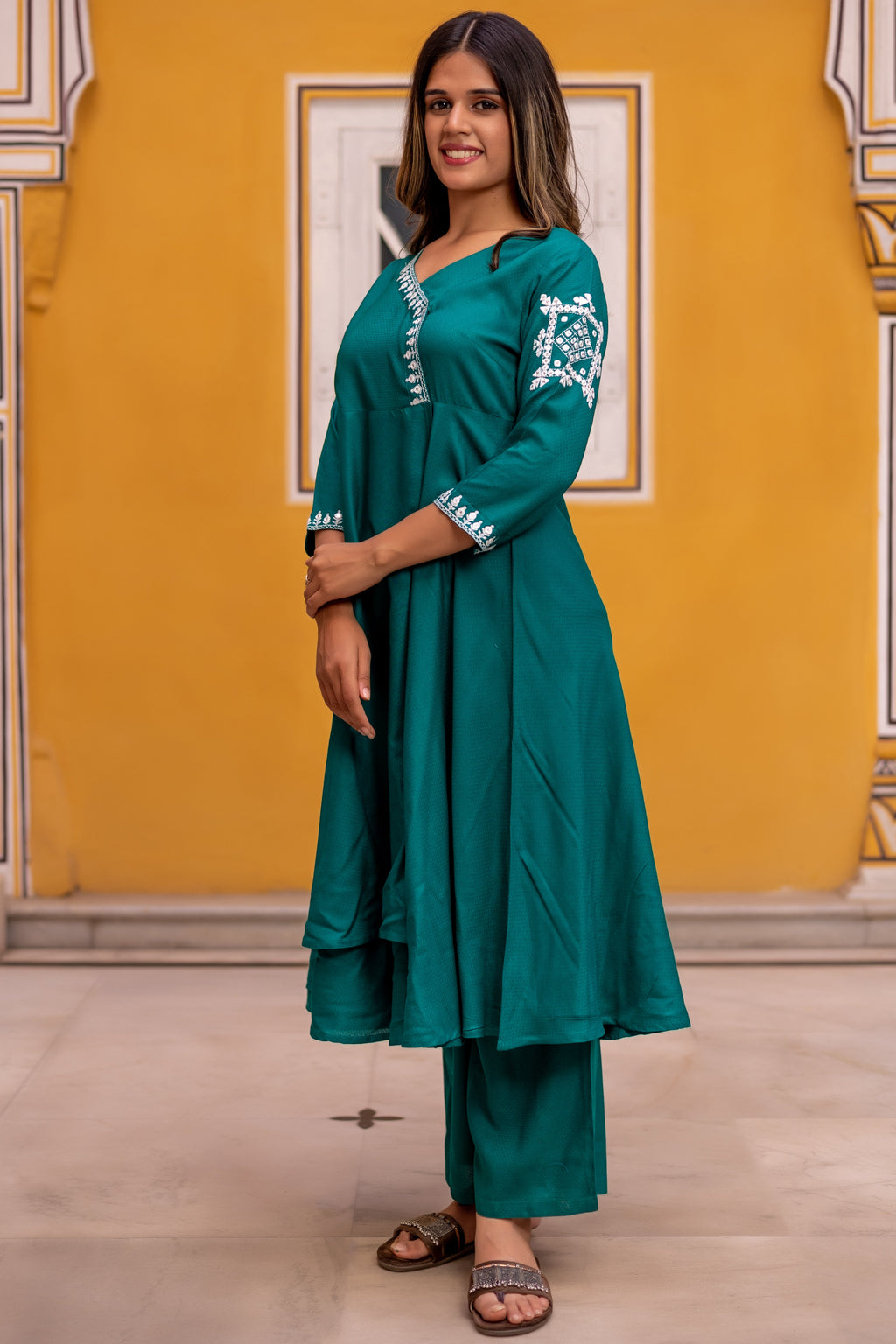 Rayon flared Teal Green Kurta Set