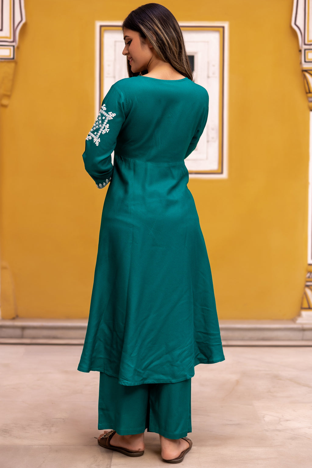 Rayon flared Teal Green Kurta Set