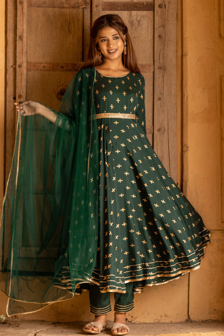 Green Gold Printed Anarkali Kurti with Narrow Pant Paired with Dupatta