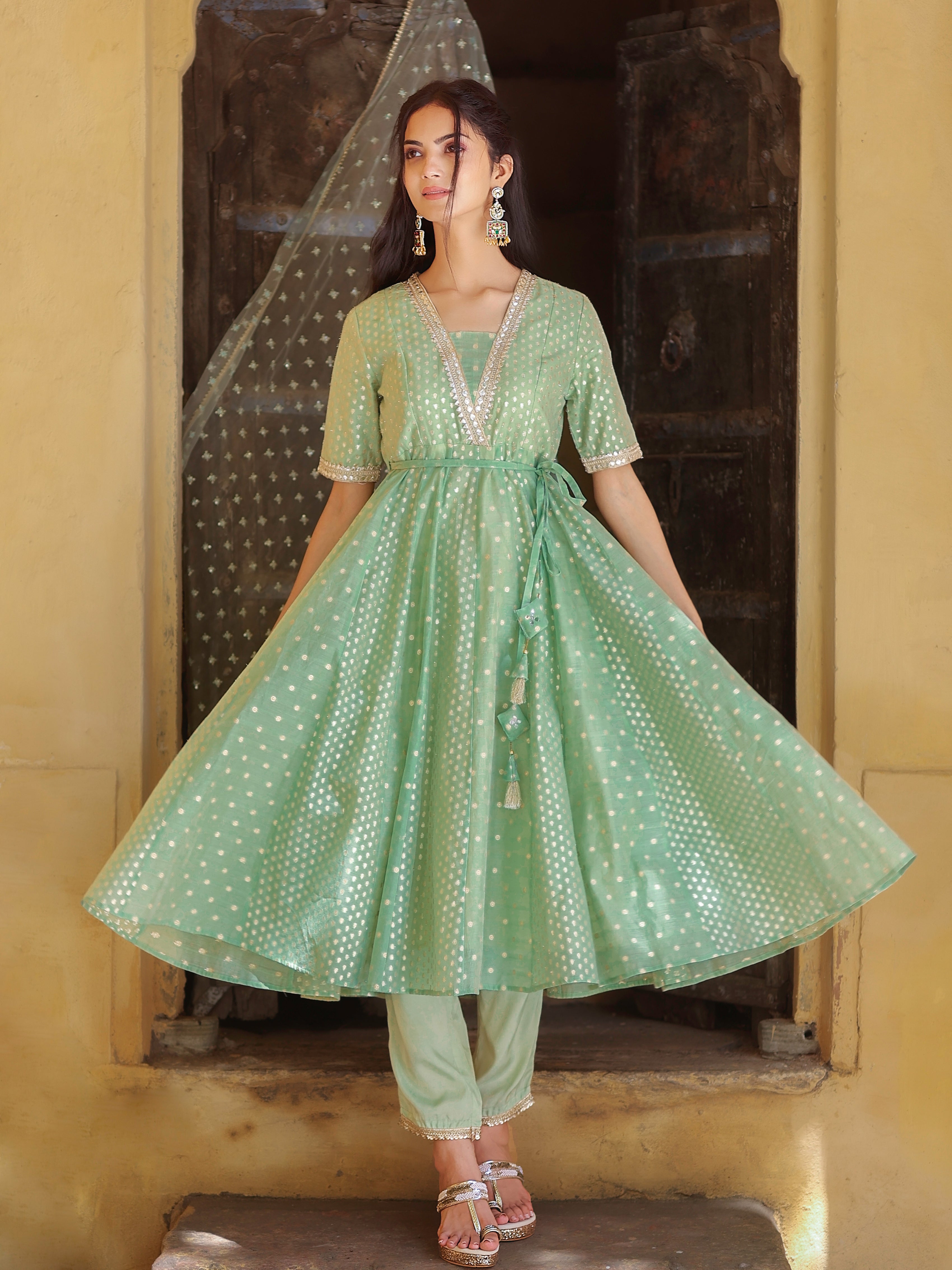 Green Jacquard V neck Anarkali Kurti with Narrow Pant Paired with Dupatta