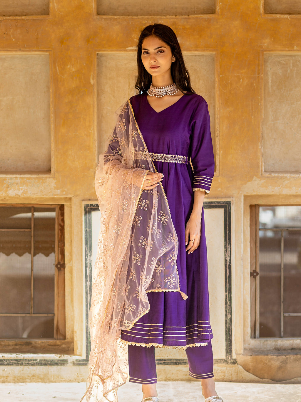 Purple Solid Anarkali with Embroidered Belt and Narrow Pant Paired with Dupatta