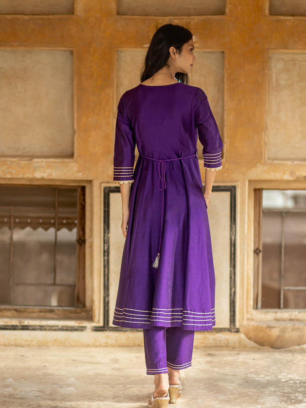 Purple Solid Anarkali with Embroidered Belt and Narrow Pant Paired with Dupatta