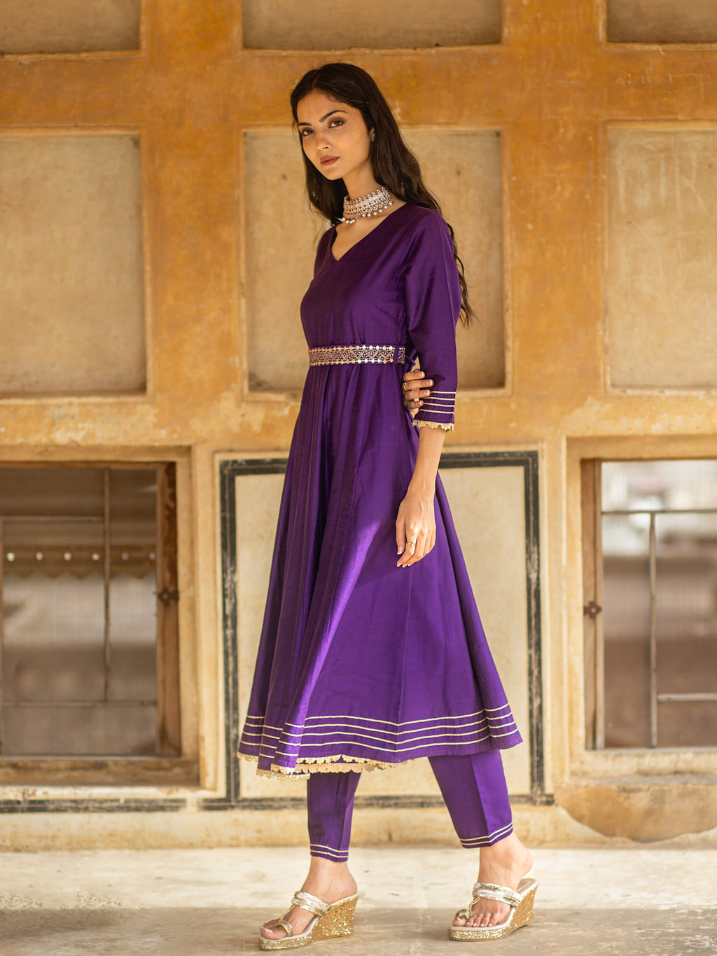 Purple Solid Anarkali with Embroidered Belt and Narrow Pant Paired with Dupatta