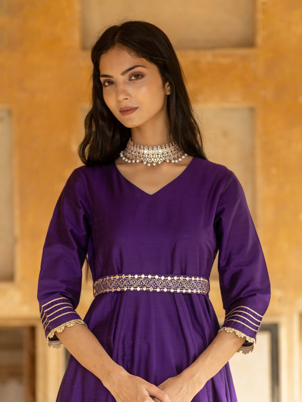 Purple Solid Anarkali with Embroidered Belt and Narrow Pant Paired with Dupatta