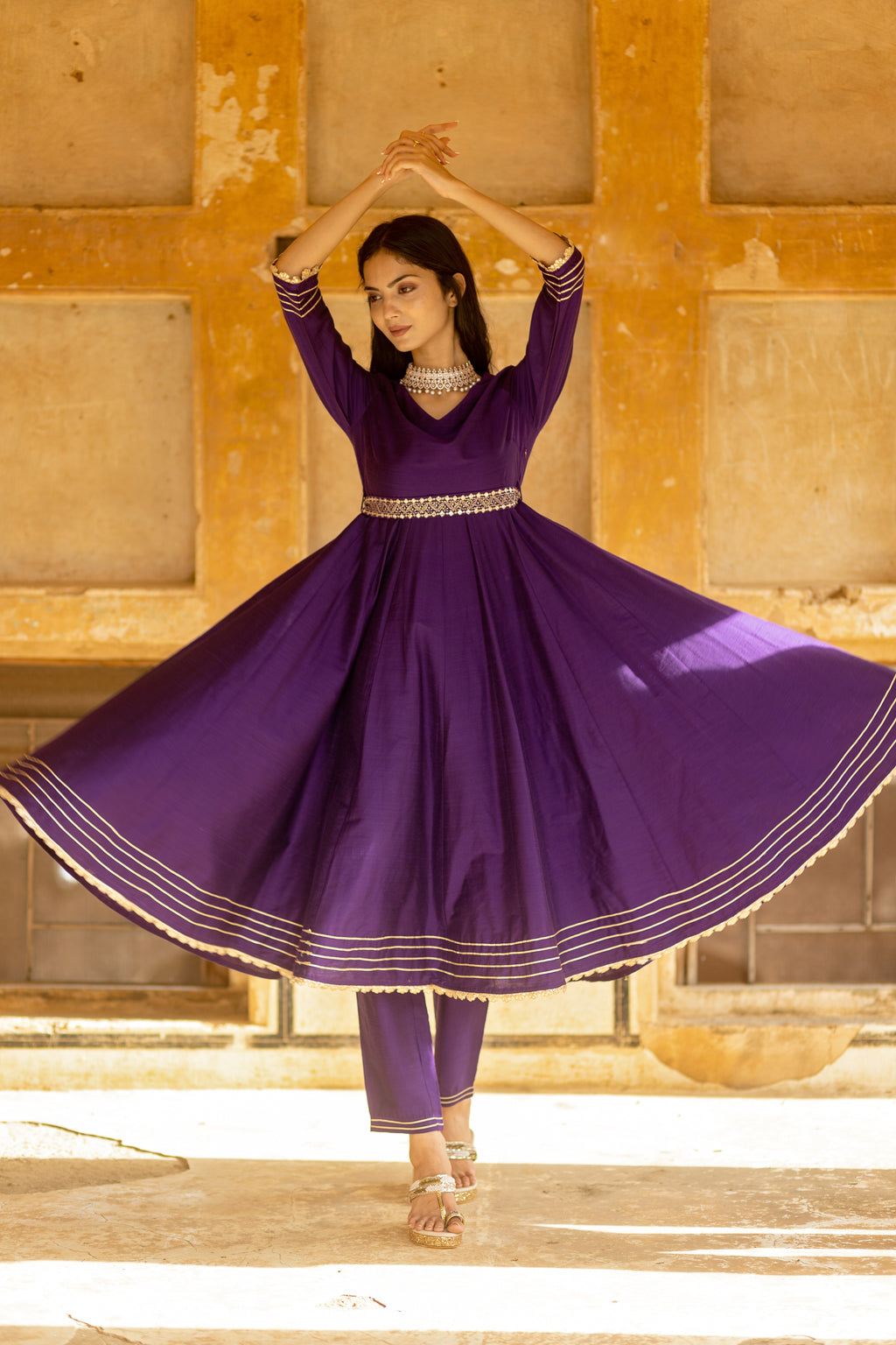 Purple Solid Anarkali with Embroidered Belt and Narrow Pant Paired with Dupatta