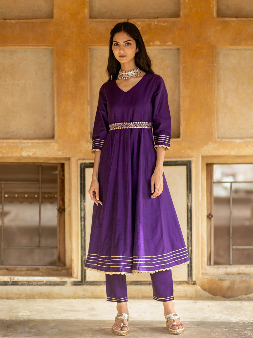 Purple Solid Anarkali with Embroidered Belt and Narrow Pant Paired with Dupatta