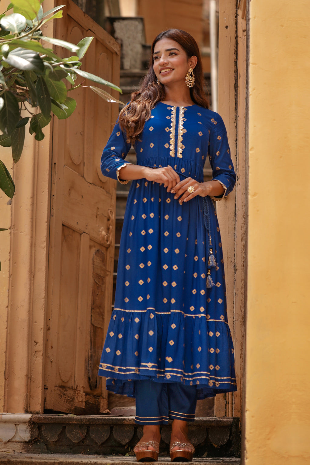 Blue Gold Printed Tiered Kurti with Narrow Pant