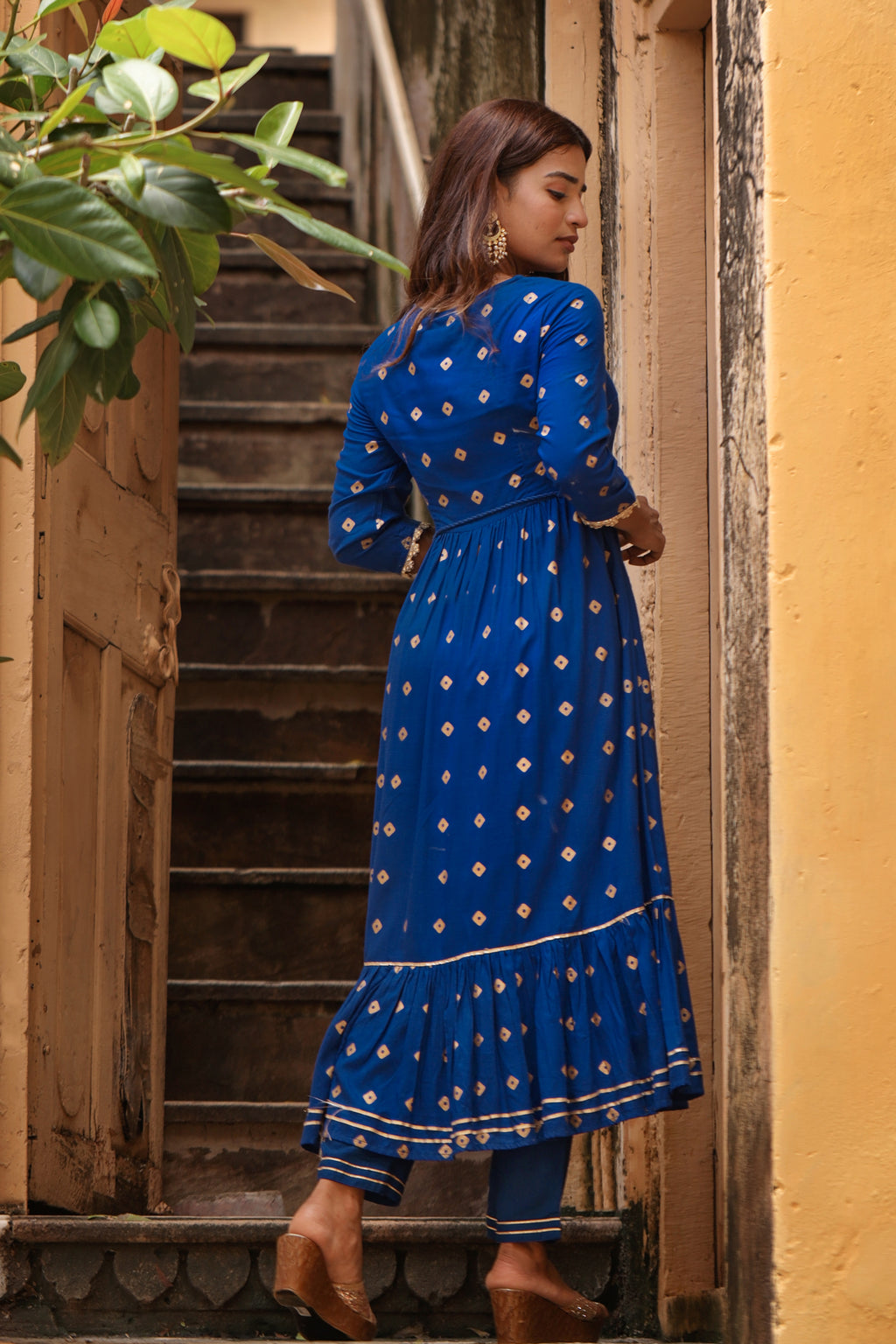 Blue Gold Printed Tiered Kurti with Narrow Pant