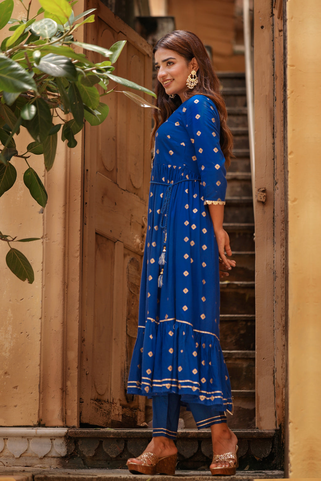 Blue Gold Printed Tiered Kurti with Narrow Pant