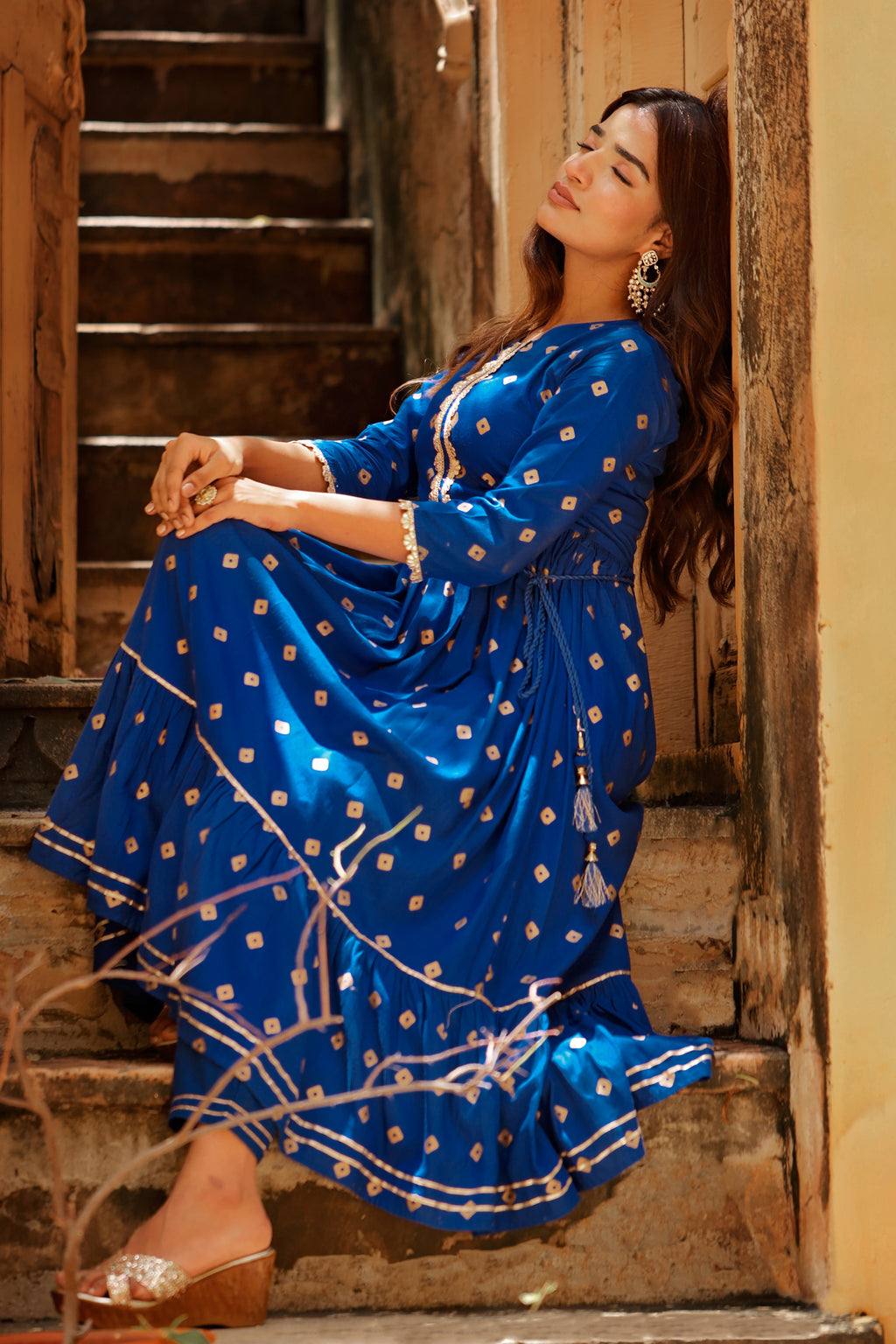 Blue Gold Printed Tiered Kurti with Narrow Pant