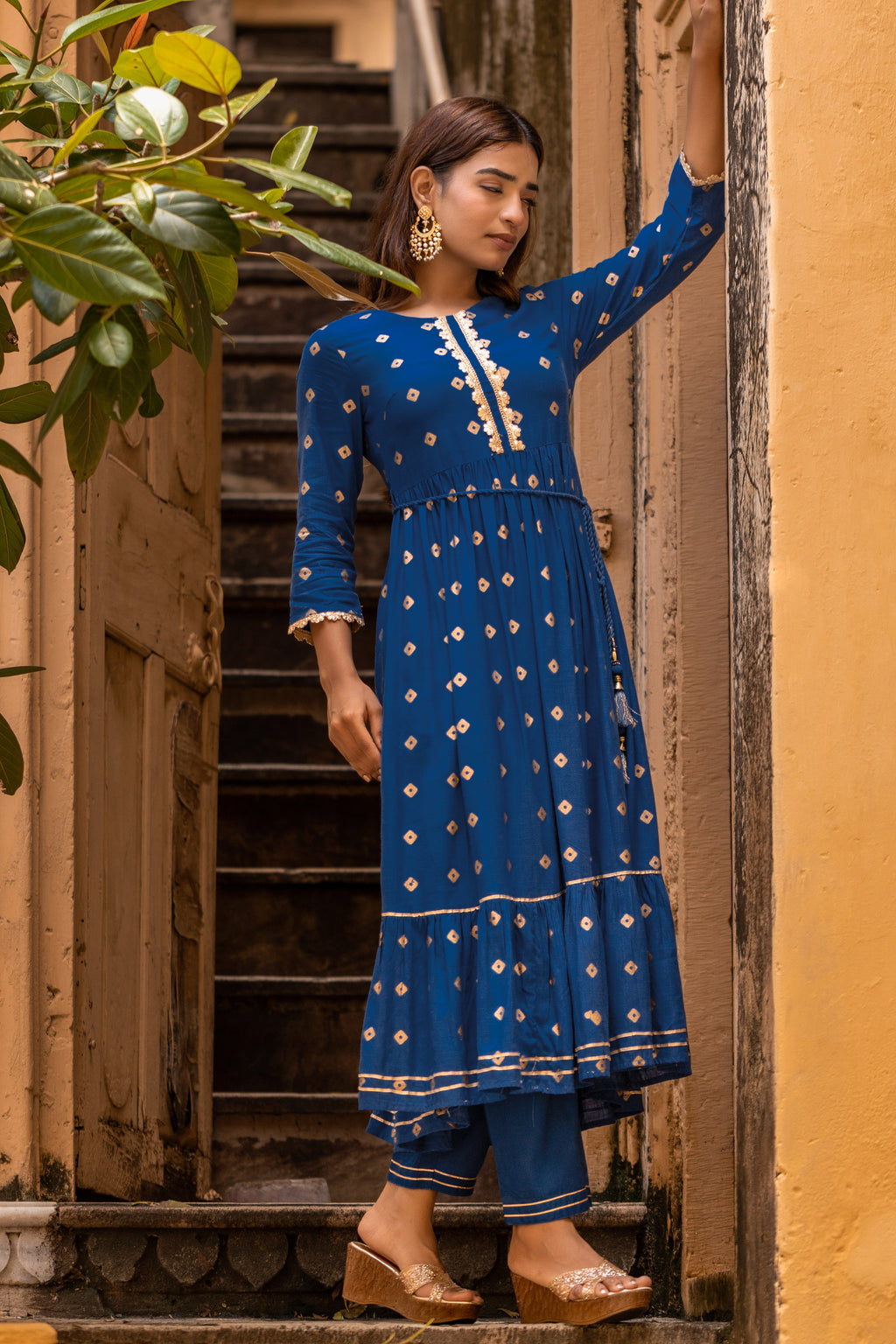 Blue Gold Printed Tiered Kurti with Narrow Pant