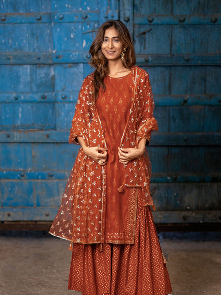 Rust Orange Gold Printed Straight Kurti with Side Tie-ups Paired with Sharara and Dupatta